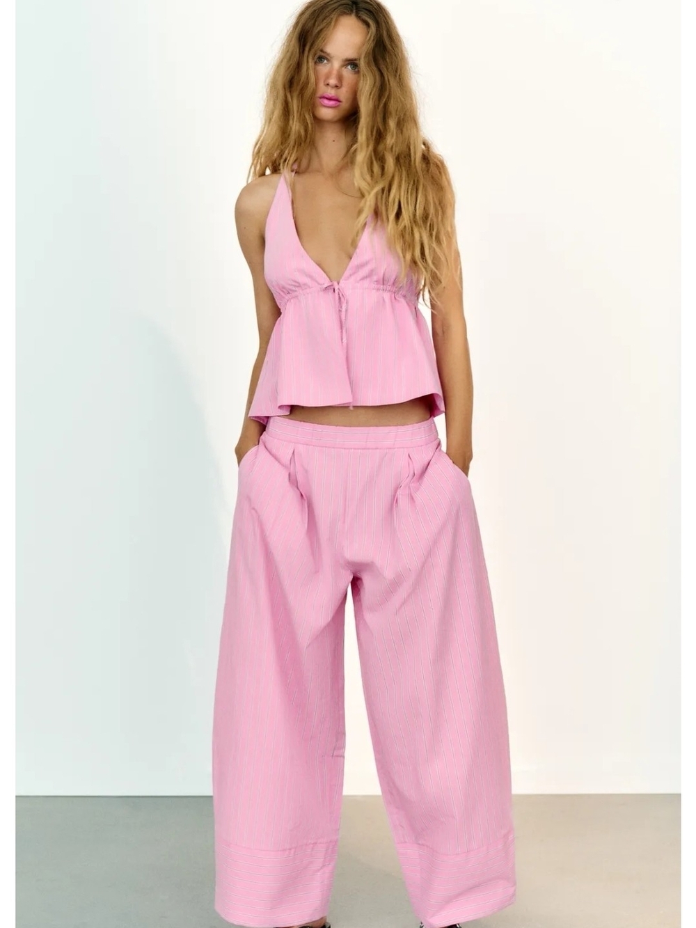 Light Pink Wide-Leg Trousers with Matching Crop Top Set